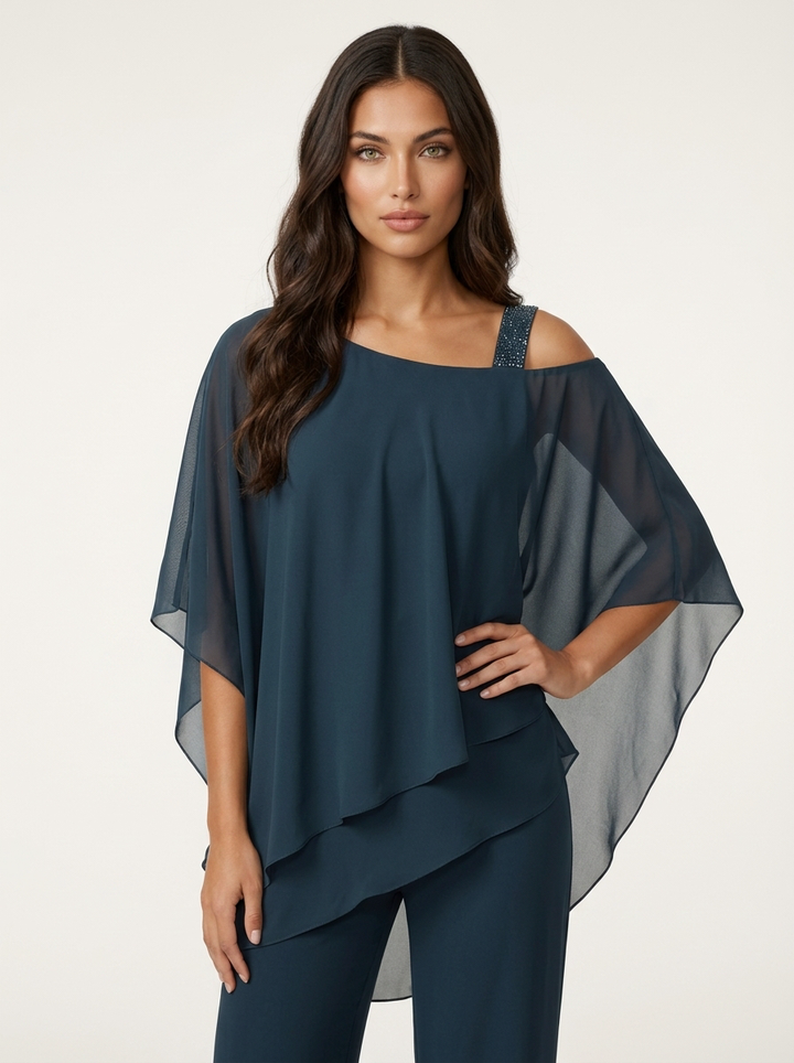 Sophisticated women's chiffon wide leg evening co-ord set. Versatile formal wear, great for wedding guests & parties.
