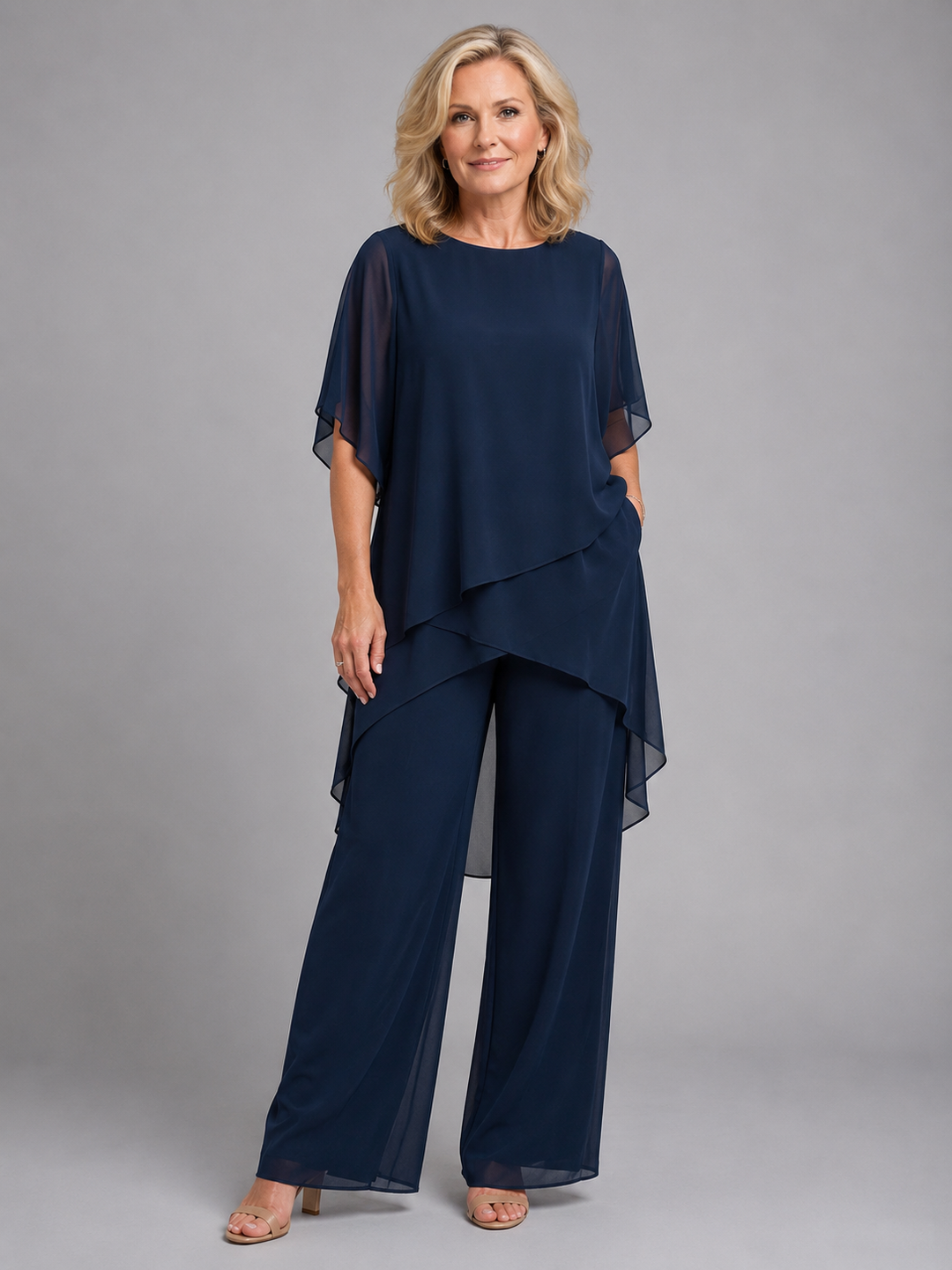 Elegant women's chiffon wide-leg two-piece set, perfect for summer casual or occasion wear.