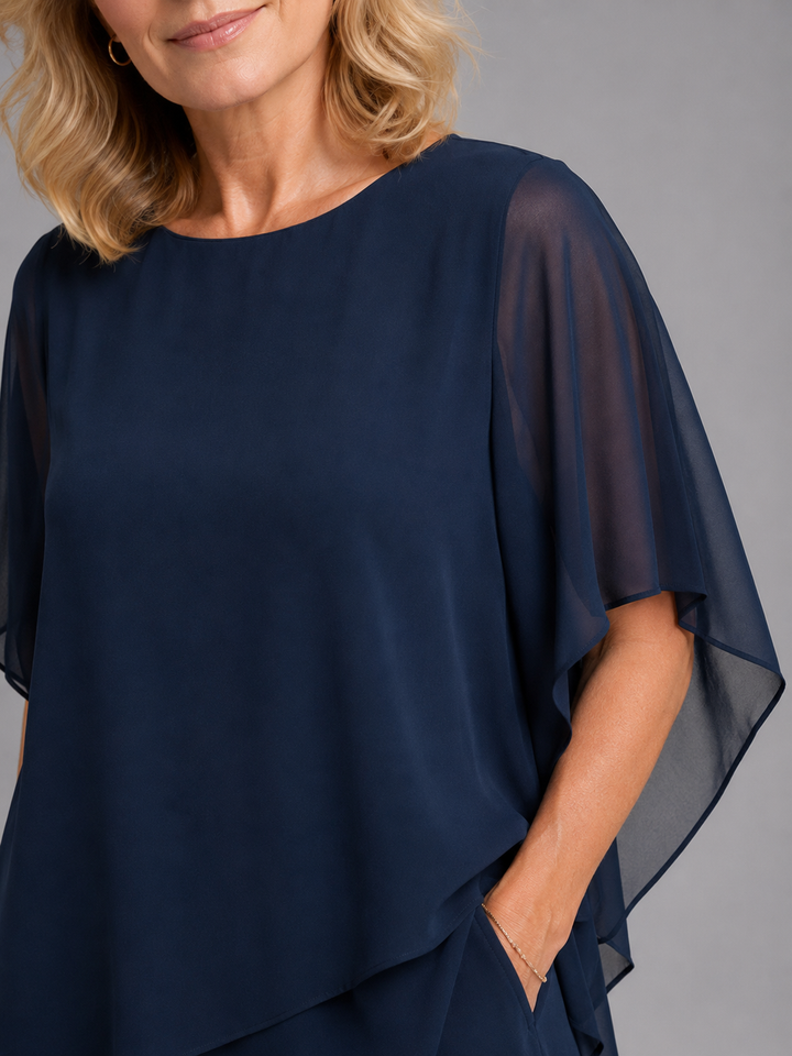 Flowy chiffon wide-leg pants and matching top, a comfortable two-piece outfit for women's summer fashion.