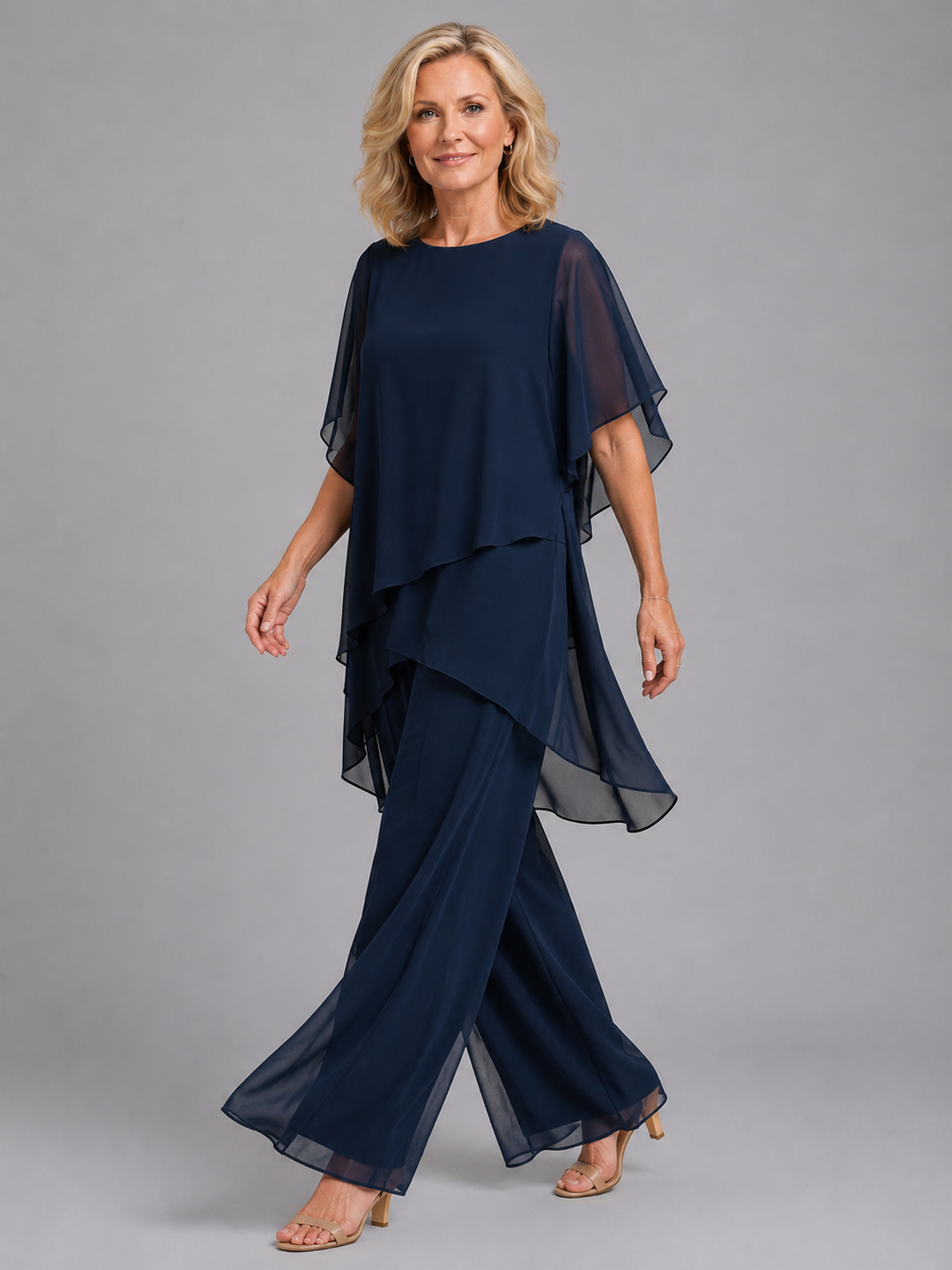 Women's elegant chiffon two-piece outfit featuring a flowy wide-leg pant and a coordinating top.