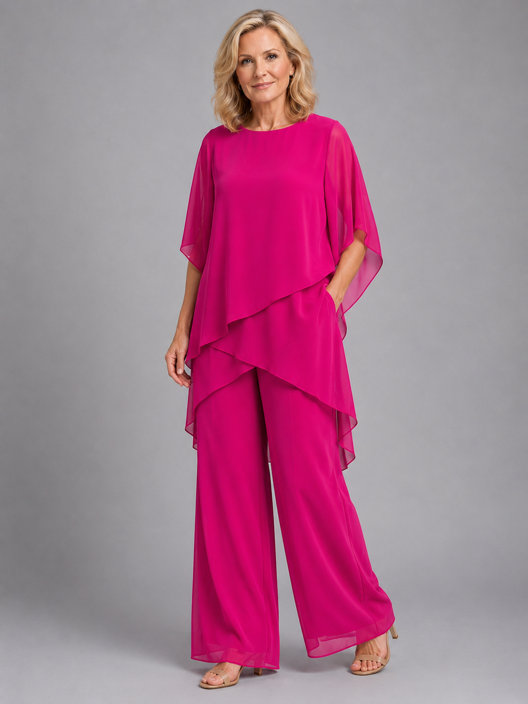 Lightweight chiffon two-piece set for women, ideal for a chic summer outfit or elegant occasion wear.