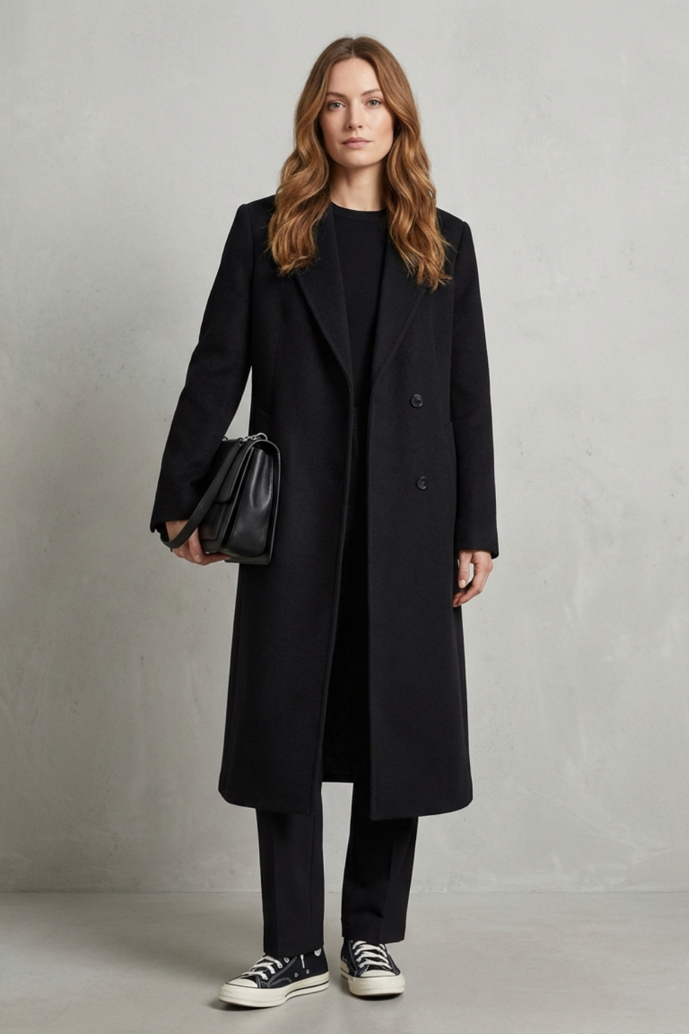 Close-up of a women's sophisticated herringbone coat, showcasing the classic pattern and quality fabric.