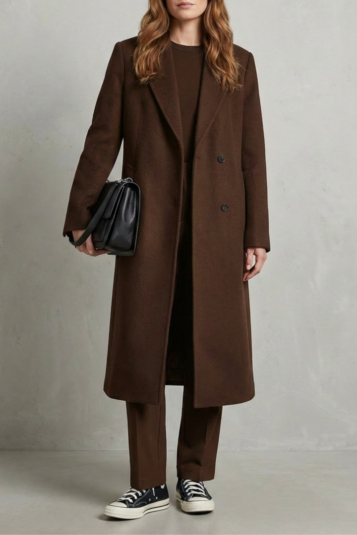 Stylish brown herringbone women's coat, a sophisticated and timeless tailored jacket for fall style.