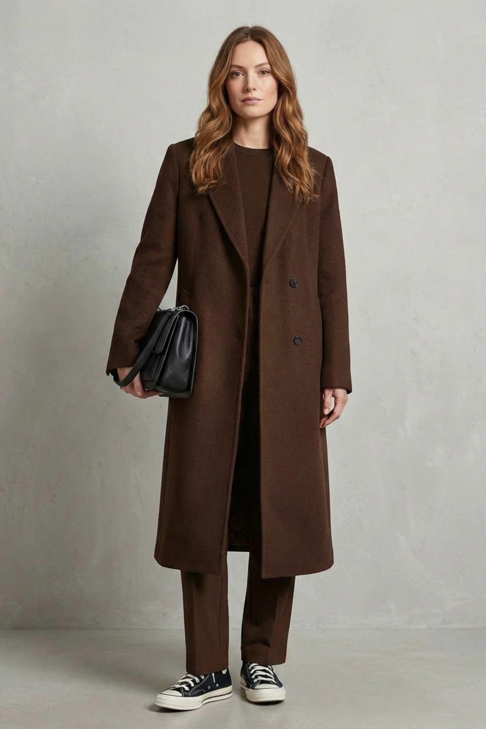 Women's long herringbone overcoat, a classic tailored design offering elegance and warmth for fall/winter.