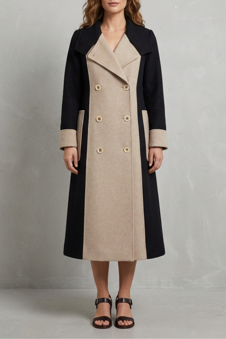 Elegant women's classic coat with stylish contrast trim. Perfect for fall and winter fashion. Long sleeve outerwear.