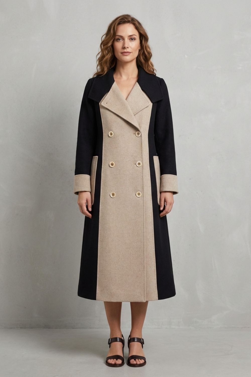 Chic women's timeless elegance coat with contrast trim. Versatile fall/winter outerwear, long sleeve ladies jacket.