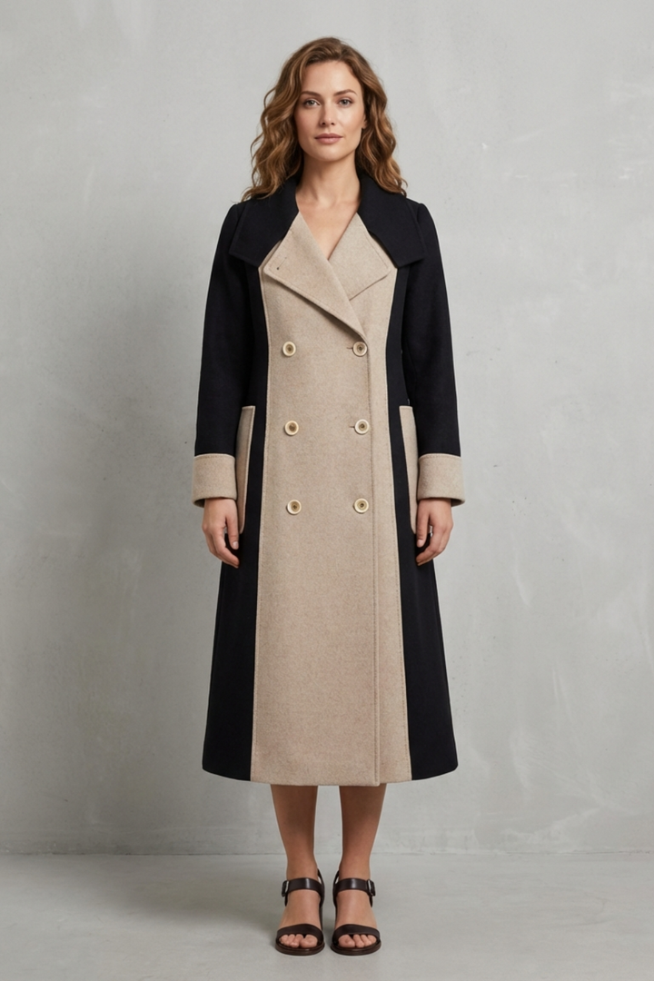 Chic women's timeless elegance coat with contrast trim. Versatile fall/winter outerwear, long sleeve ladies jacket.