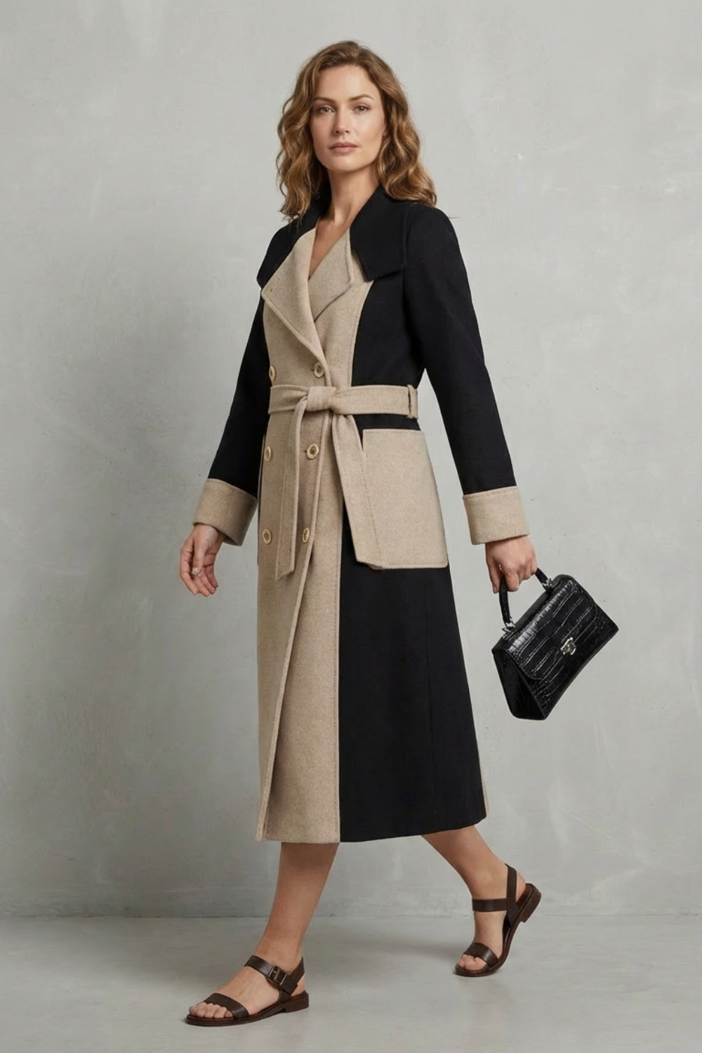 Classic women's fall coat with elegant contrast trim design. Long sleeve outerwear for chic winter fashion.