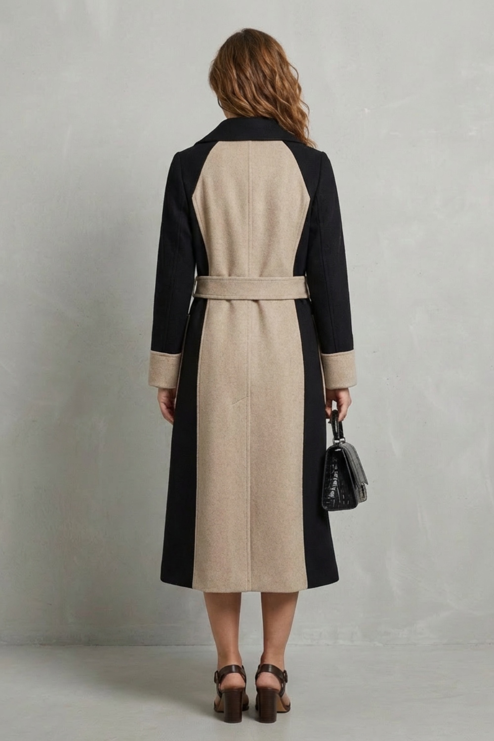 Stylish ladies jacket: classic women's contrast trim coat. Elegant long sleeve outerwear for fall & winter.