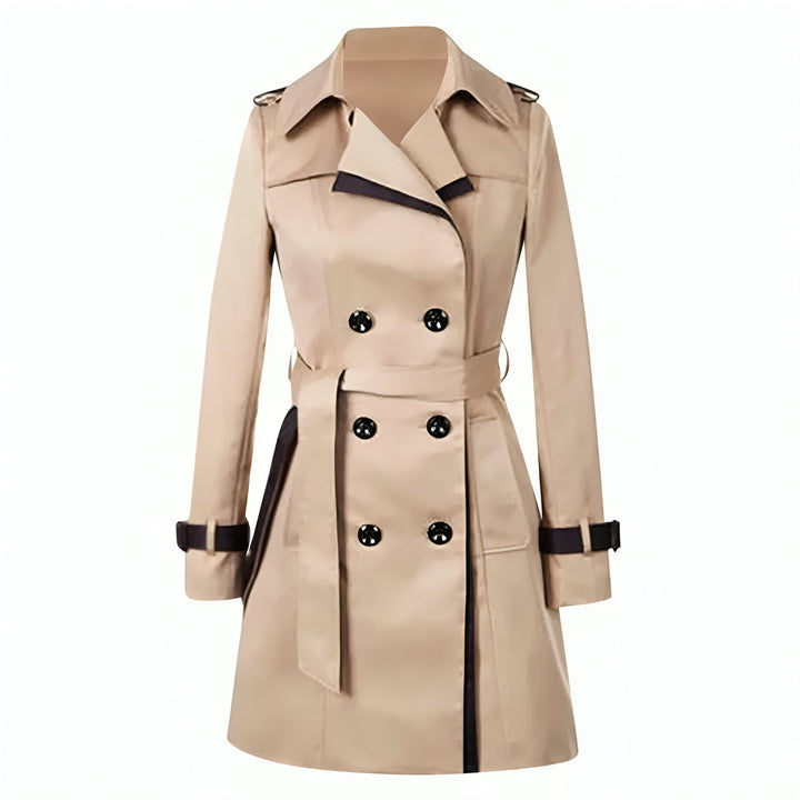 Fashionable women's double-breasted trench coat. Classic mid-length outerwear, belted for a flattering fit.
