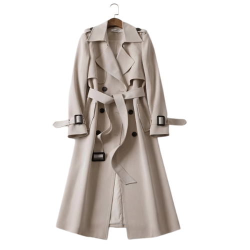 Stylish women's classic trench coat with belted waist. Perfect elegant outerwear for modern fall fashion.