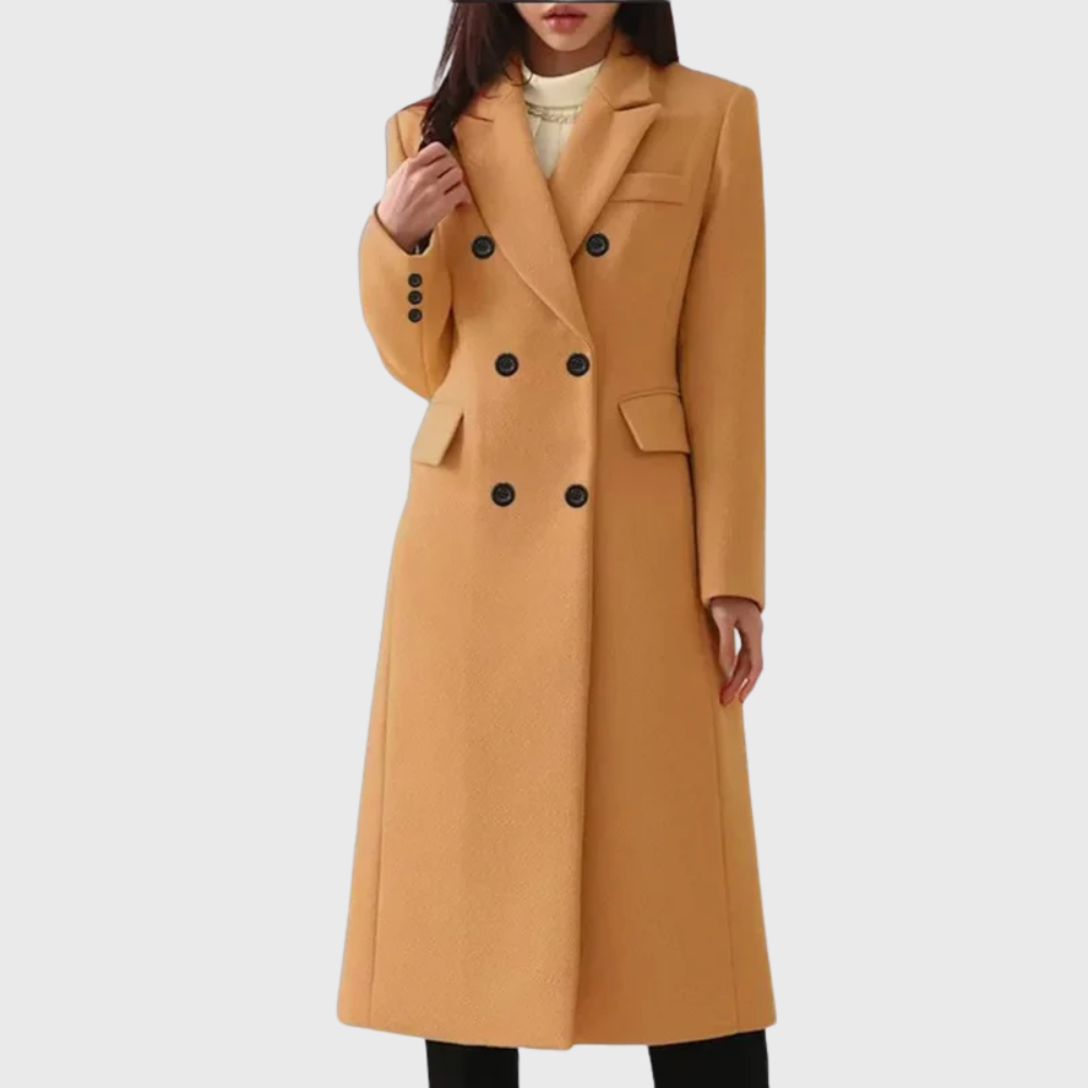 Elegant women's classic winter overcoat, timeless long wool blend coat for sophisticated cold weather style.