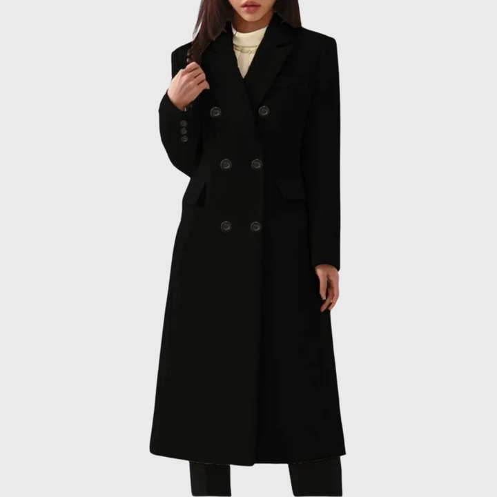 Stylish women's elegant winter coat, a classic long overcoat design offering warmth and timeless fashion.