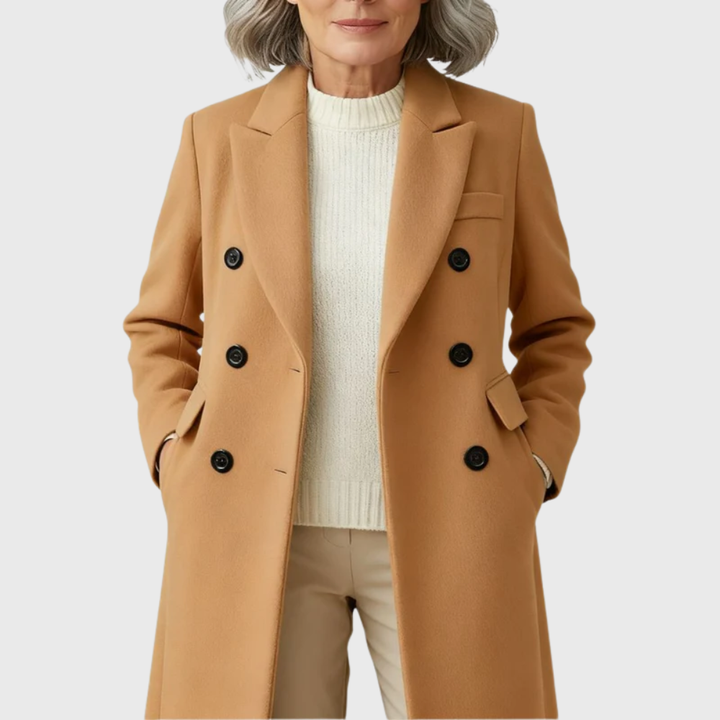 Elegant women's classic long winter overcoat, stylish outerwear providing warmth and timeless fashion appeal.