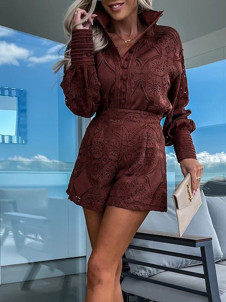 Women's designer-inspired co-ord set: elegant blouse & high-waist shorts. Perfect for garden party.