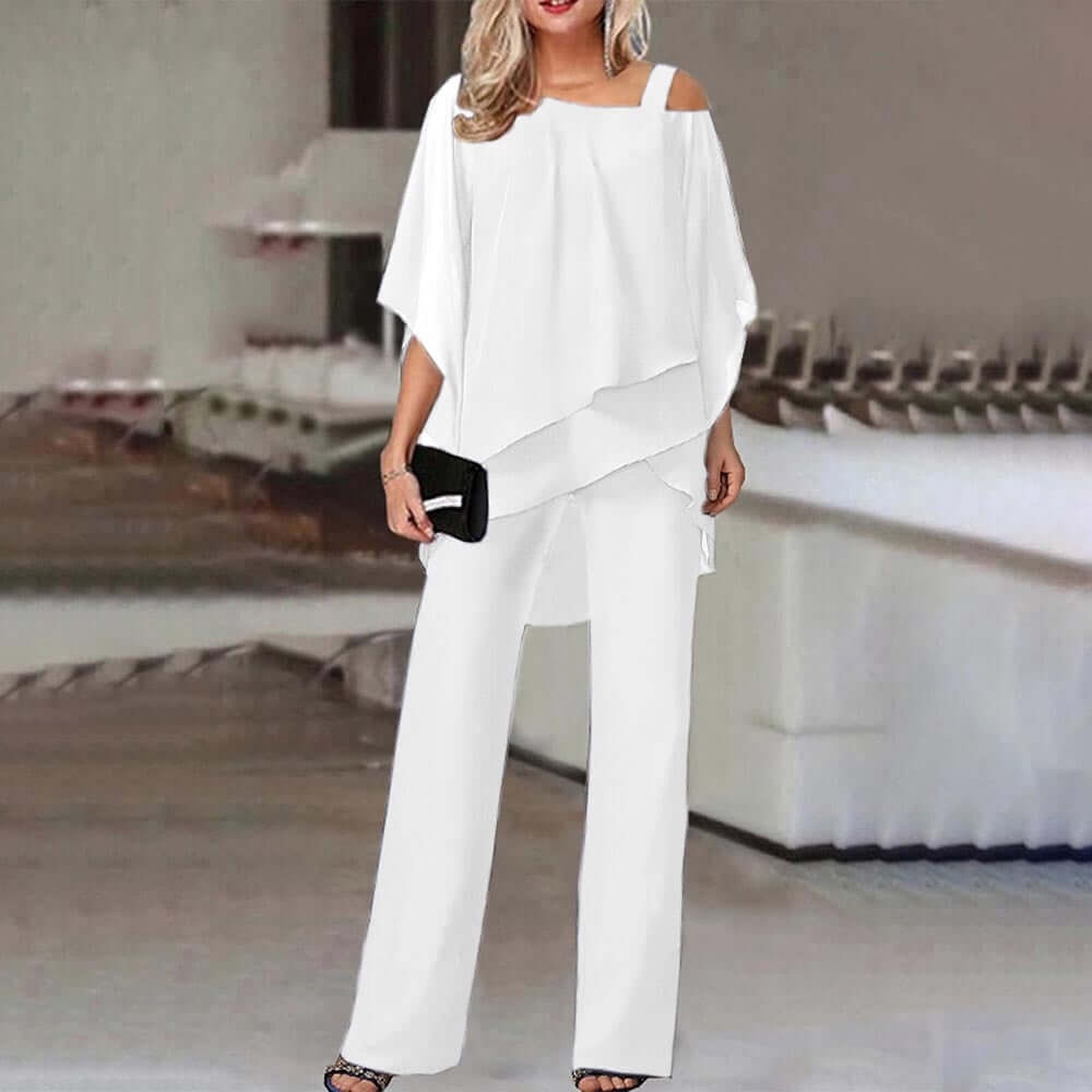 Stylish women's cold shoulder jumpsuit with wide-leg pants, ideal for a sophisticated, comfortable all-occasion outfit.