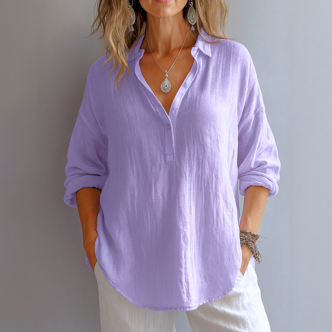 Versatile women's elegant blouse with classic collar & partial buttons, offering a sophisticated silhouette for any occasion.