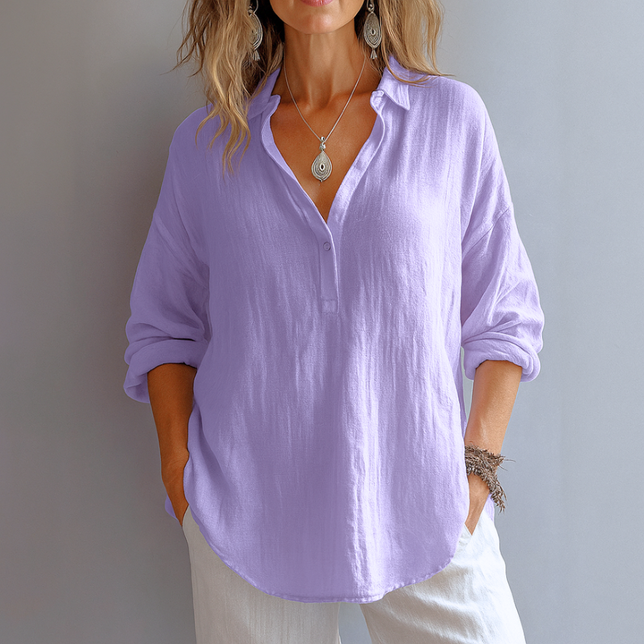 Versatile women's elegant blouse with classic collar & partial buttons, offering a sophisticated silhouette for any occasion.