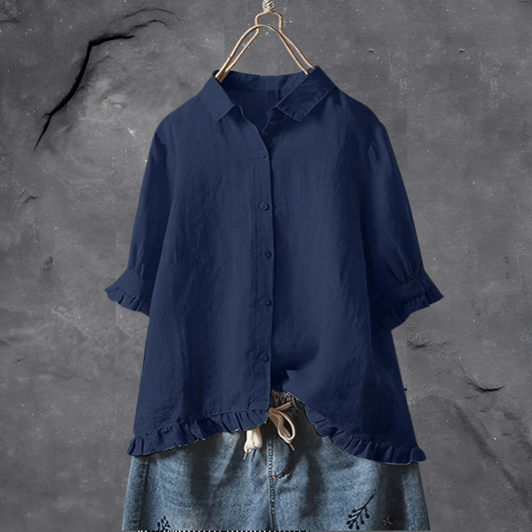 Versatile women's short sleeve collared blouse with button front & stylish ruffled hem, perfect for summer chic.