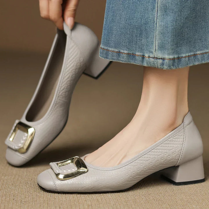 Elegant women's comfort heels with low square heel, square toe, & chic gold buckle, perfect for formal or everyday wear.