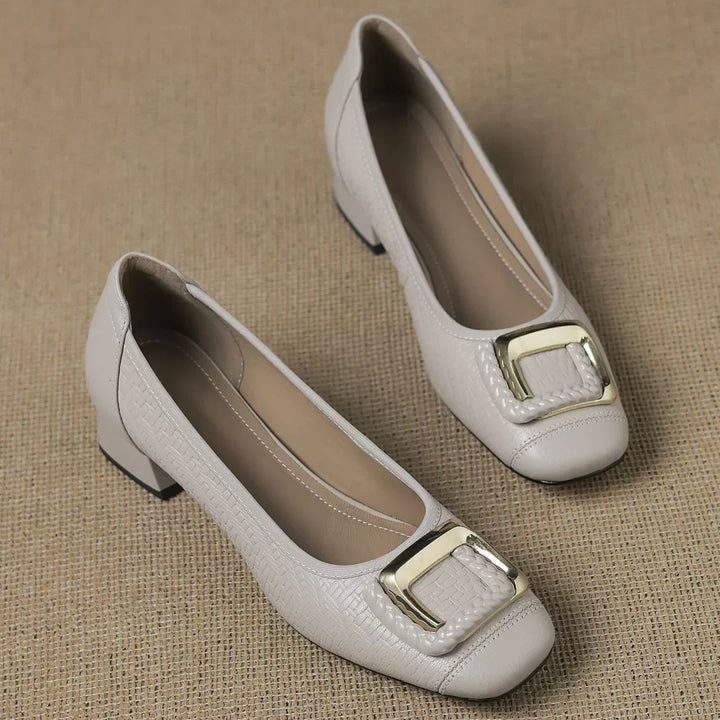 Classic women's slip-on comfort heels, low square heel, versatile footwear for formal events & everyday style.
