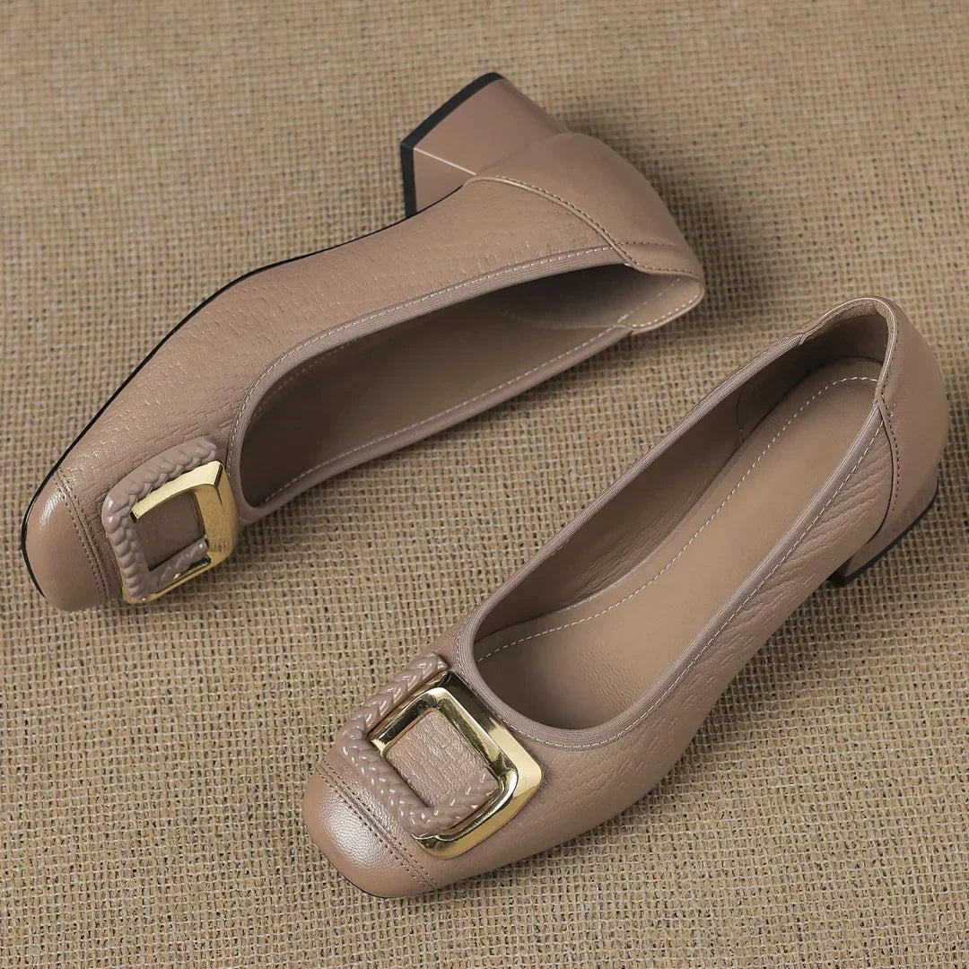 Chic women's low square heel comfort shoes, square toe, elegant for versatile formal or everyday fashion.