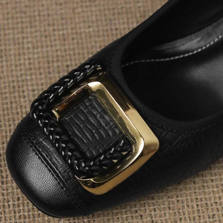 Fashionable women's elegant comfort heels featuring a low square heel, square toe, and stylish gold buckle detail.