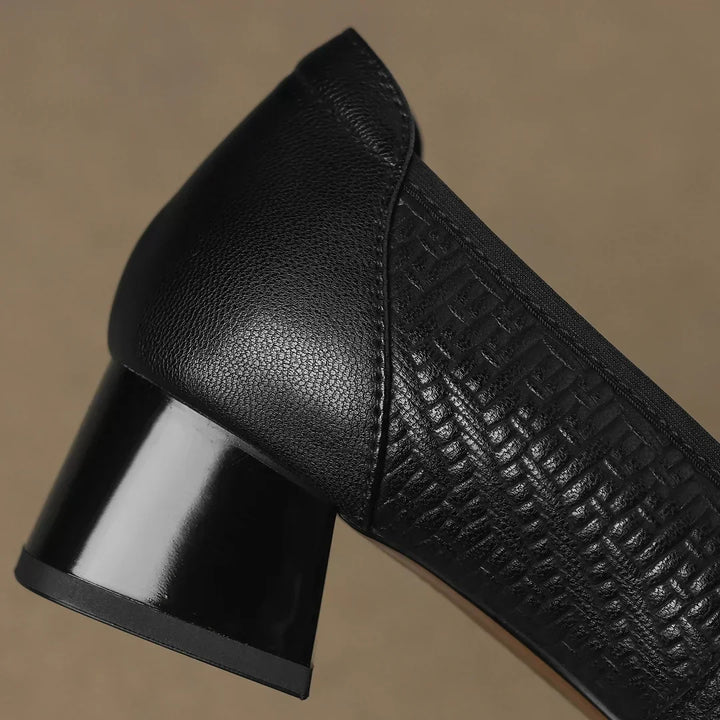 Comfortable women's elegant heels; low square heel & square toe provide all-day wear for office or special occasions.