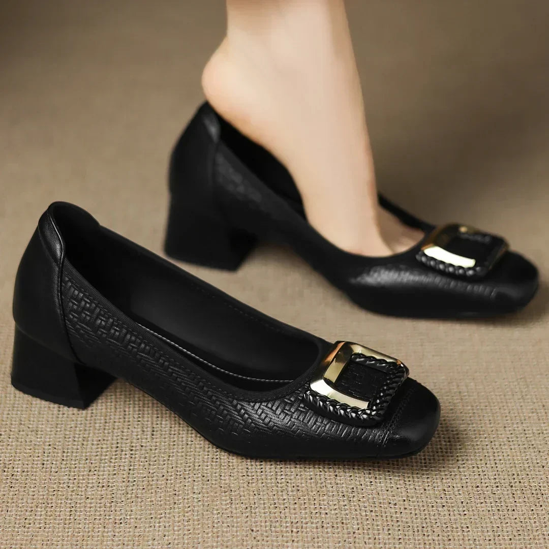 Versatile women's classic comfort heels with a low square heel and elegant square toe for chic formal & casual looks.
