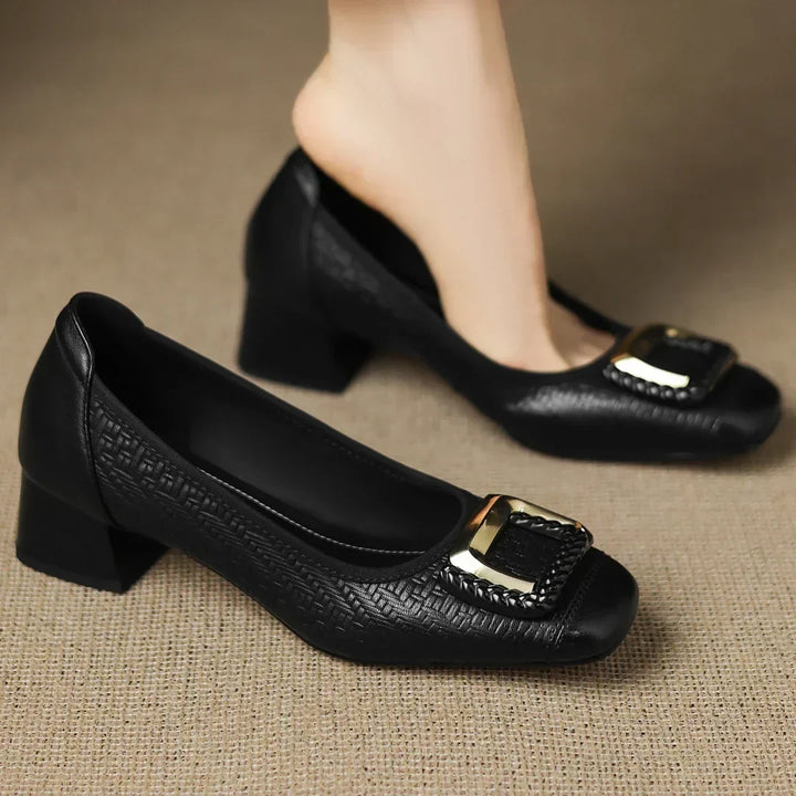 Versatile women's classic comfort heels with a low square heel and elegant square toe for chic formal & casual looks.