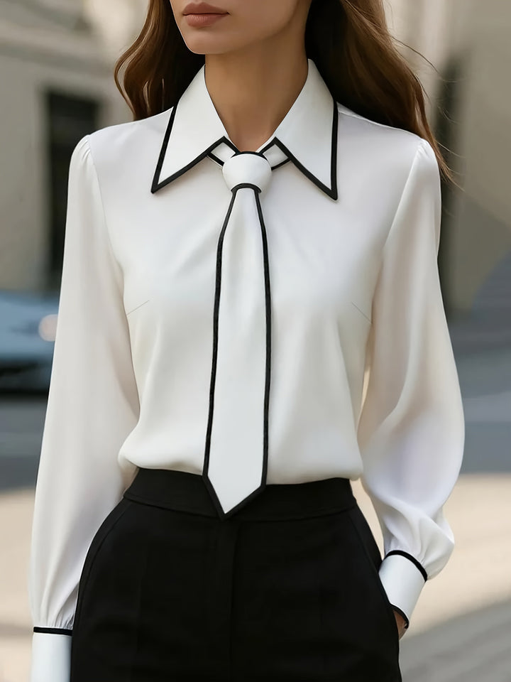 Elegant women's contrast tie neck blouse with oversized collar & long sleeves. Perfect for office or casual wear.