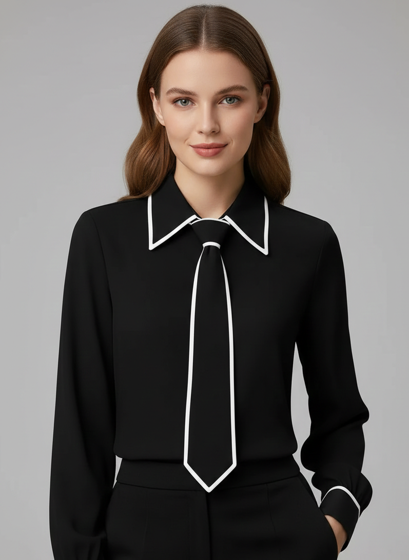 Stylish women's contrast blouse with tie neck & oversized collar, ideal for office wear or chic casual outfits.