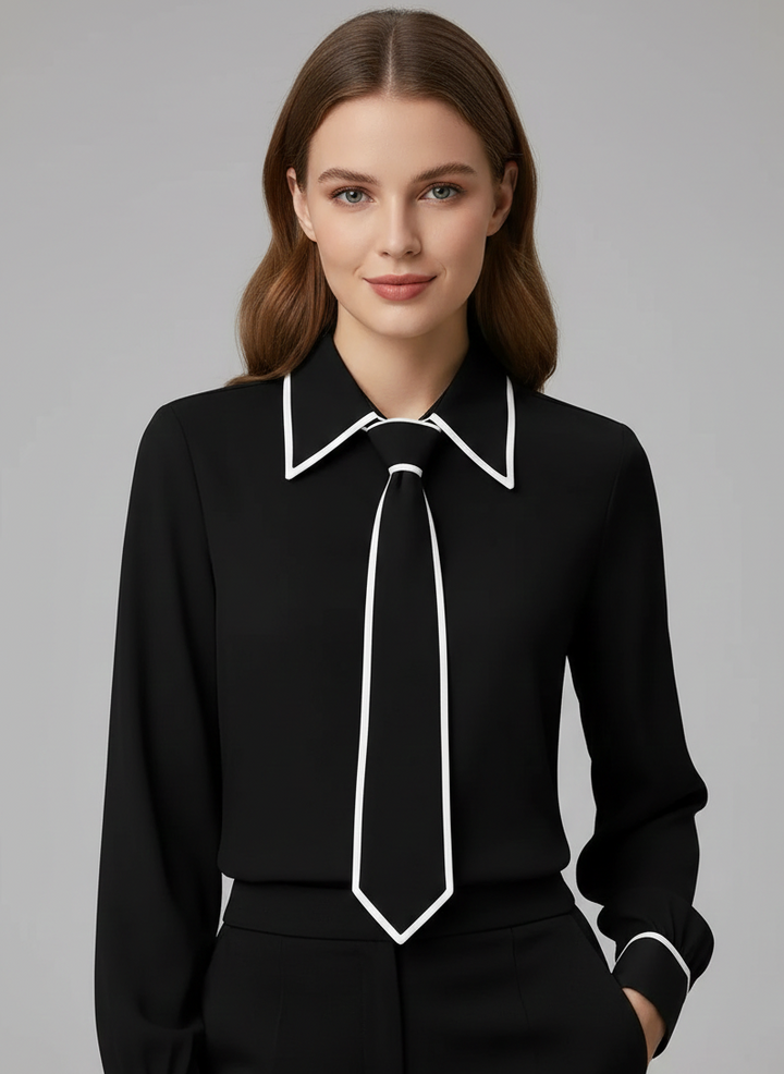 Stylish women's contrast blouse with tie neck & oversized collar, ideal for office wear or chic casual outfits.