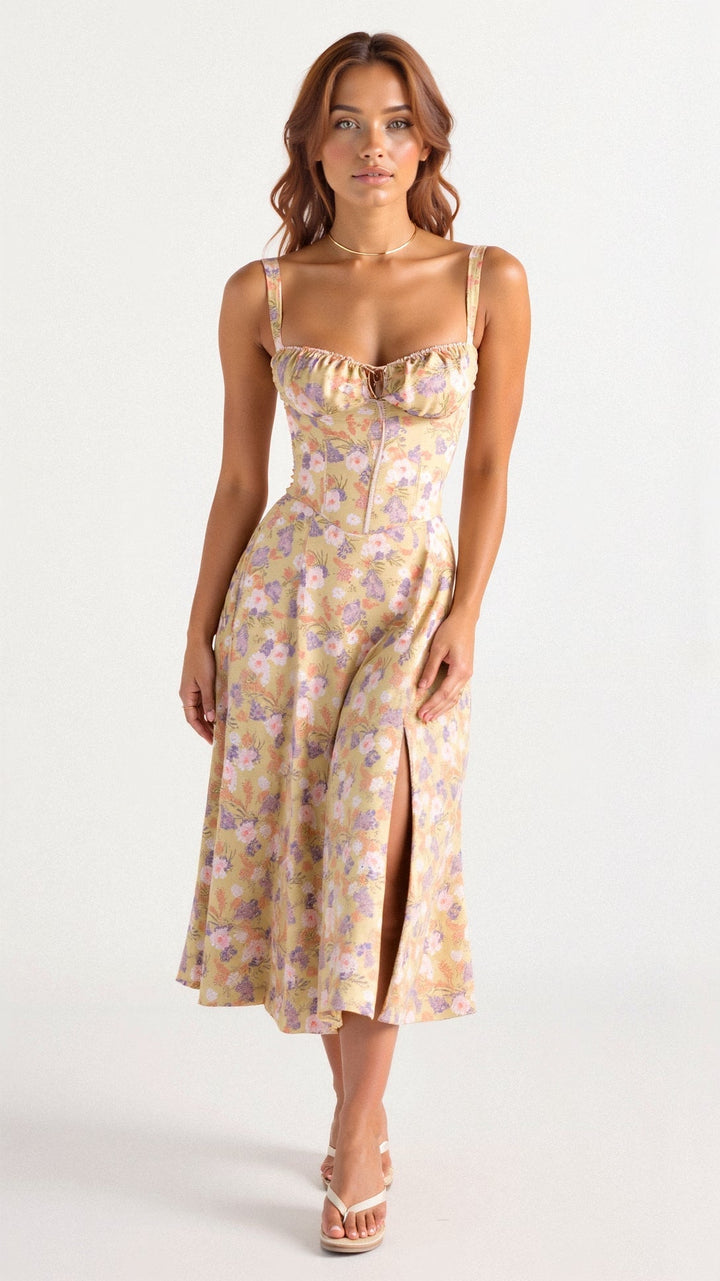 Flattering women's corset bodice midi dress, ideal for evening, formal events, or as a cocktail dress.