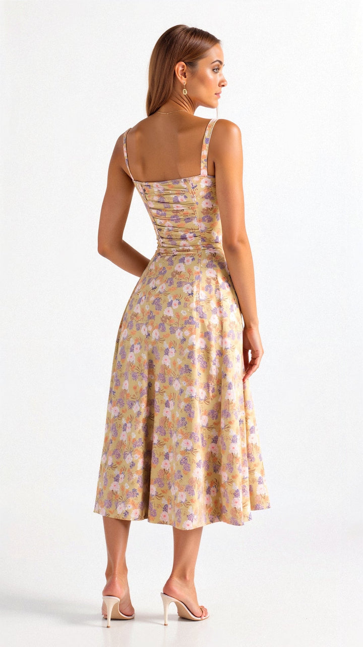 Stylish midi length formal dress with an elegant corset bodice, great for wedding guests or parties.