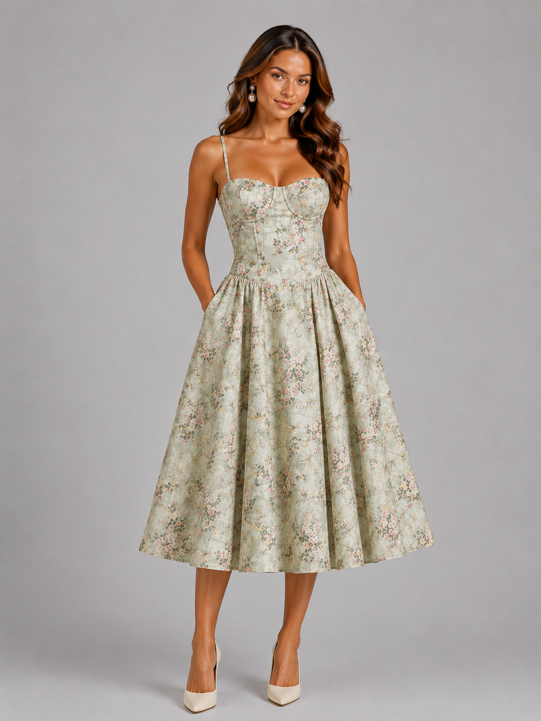 Elegant women's corset midi dress for summer events. Perfect party wear in warm weather.