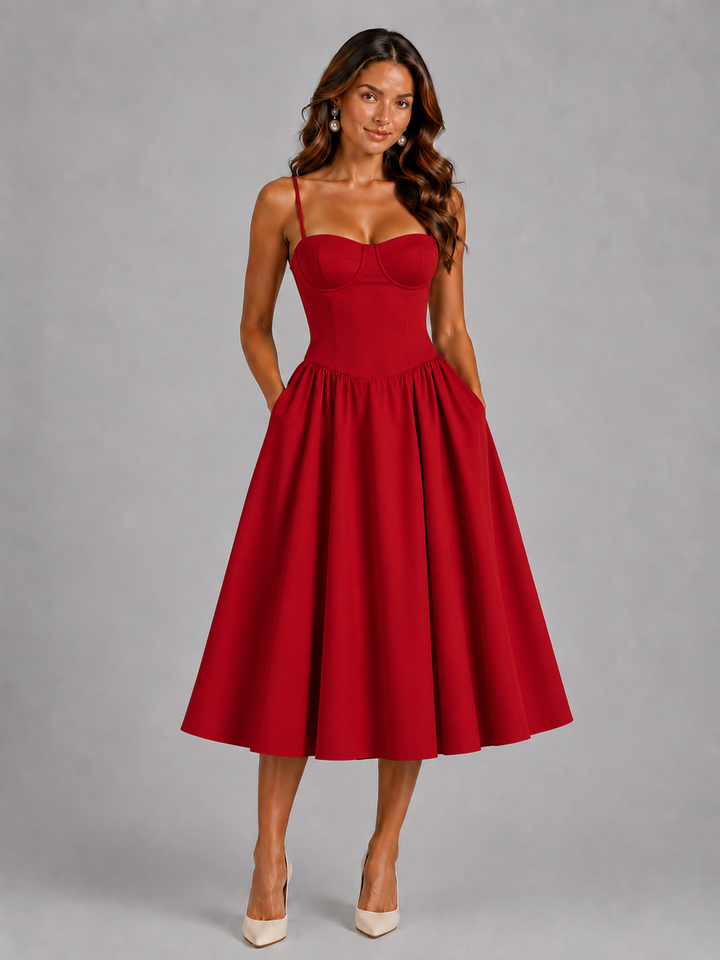 Stylish women's corset midi dress, a sophisticated choice for warm weather and elegant parties.