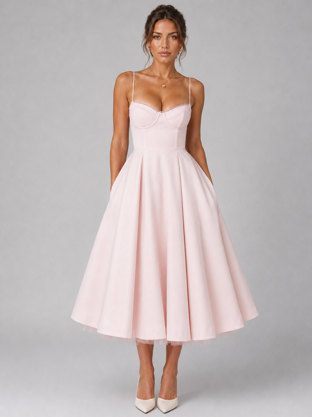 Elegant women's corset midi dress with a full, flowy skirt, perfect for parties & summer fashion.