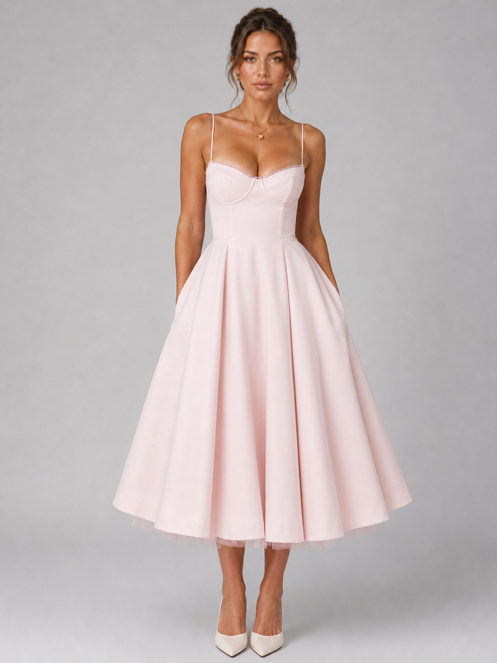 Elegant women's corset midi dress with a full, flowy skirt, perfect for parties & summer fashion.