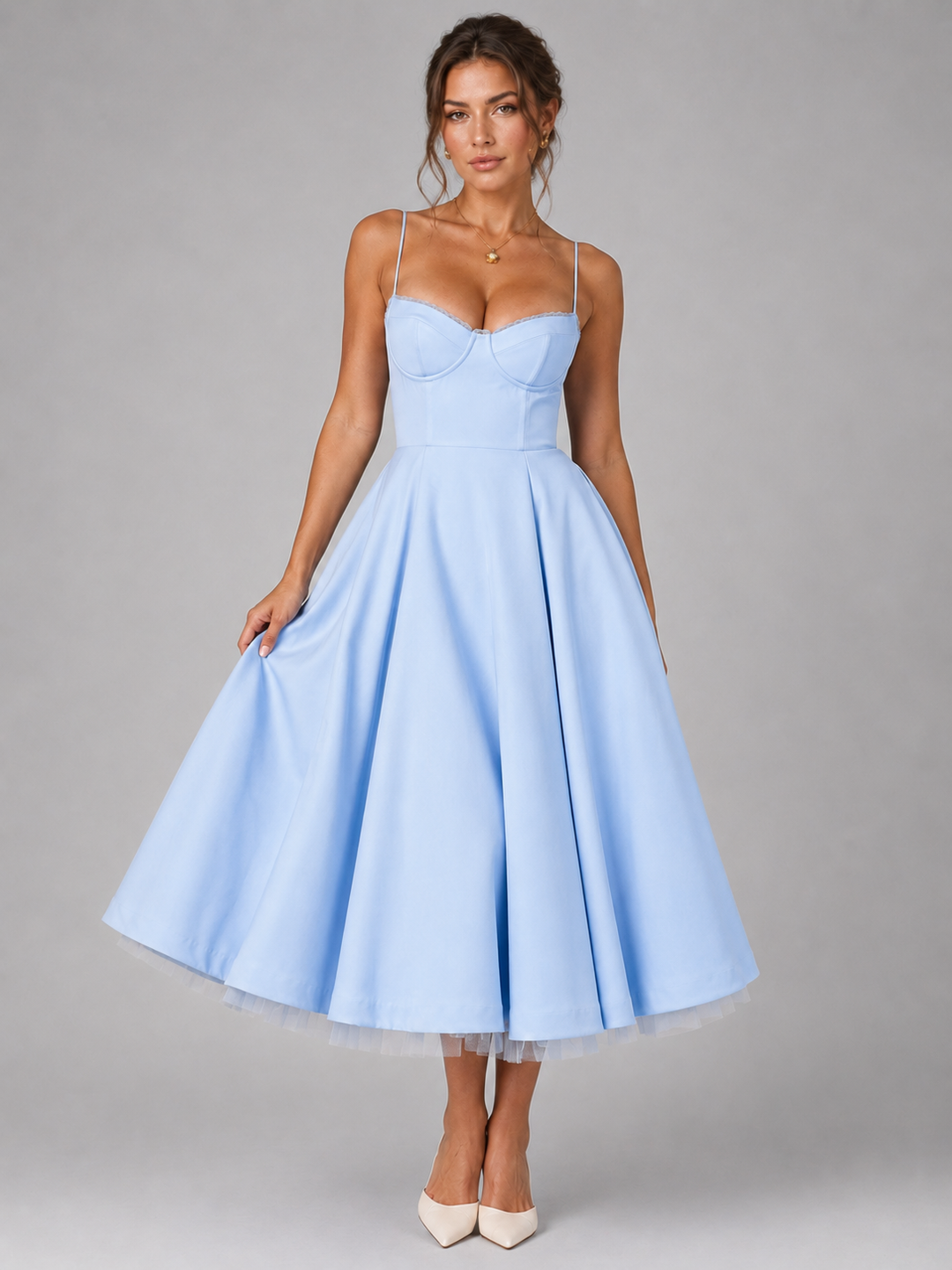 Flowy full skirt midi dress for women, featuring a stylish corset top. Ideal elegant summer party wear.