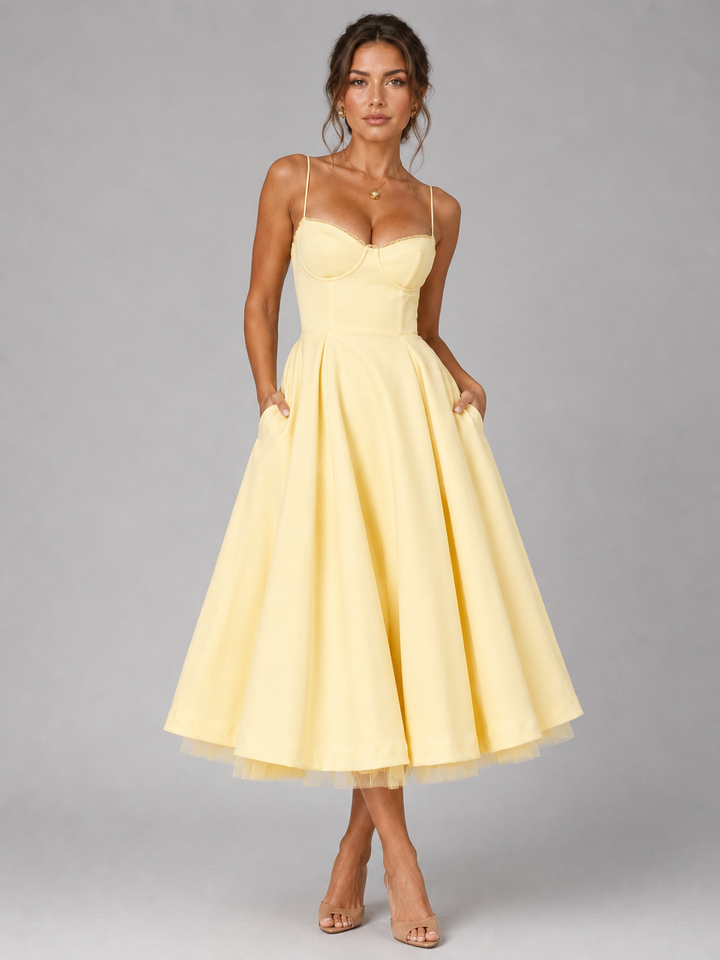Versatile women's midi dress with a corset bodice & elegant full skirt. Great for casual or party wear.