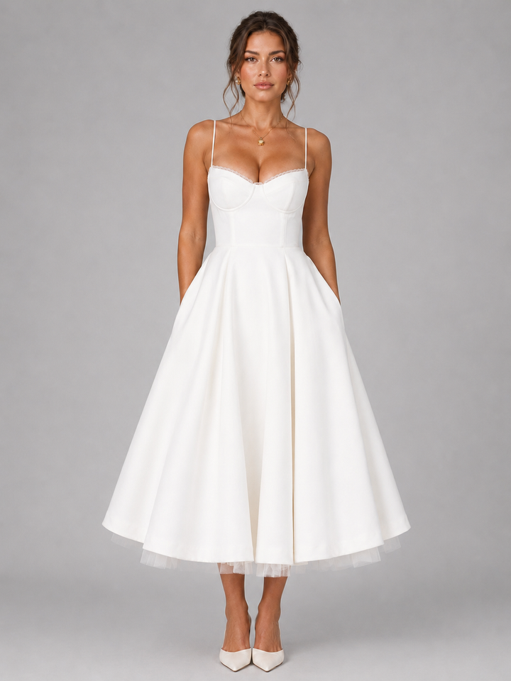 Chic women's fashion: corset midi dress with a flattering bodice and elegant, full flowing skirt design.