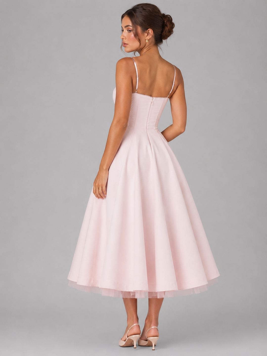 Stylish women's elegant midi dress. Features a structured corset top & a beautiful, flowing full skirt.