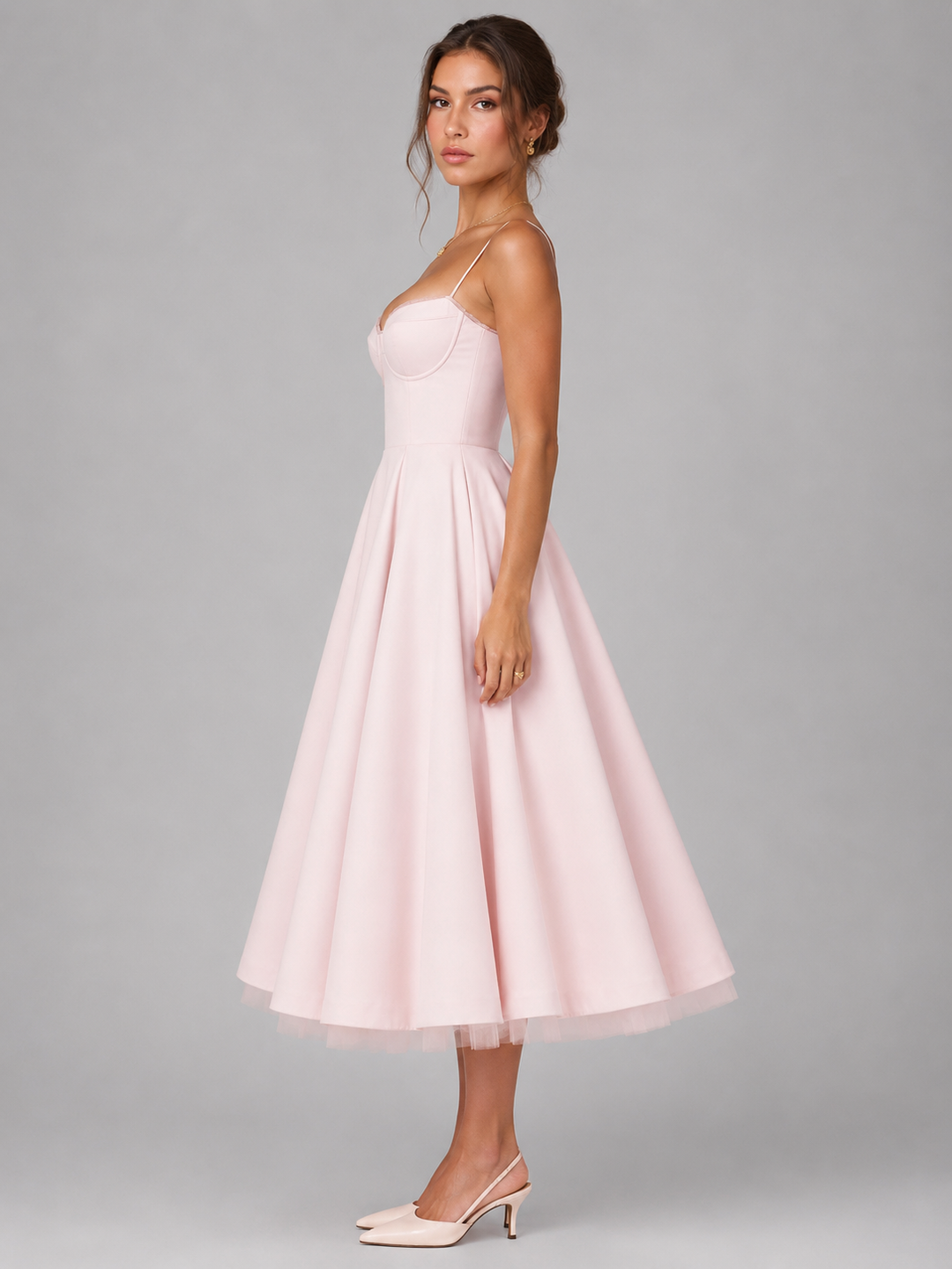Women's elegant corset midi dress featuring a flattering bodice and a beautiful, voluminous full skirt.