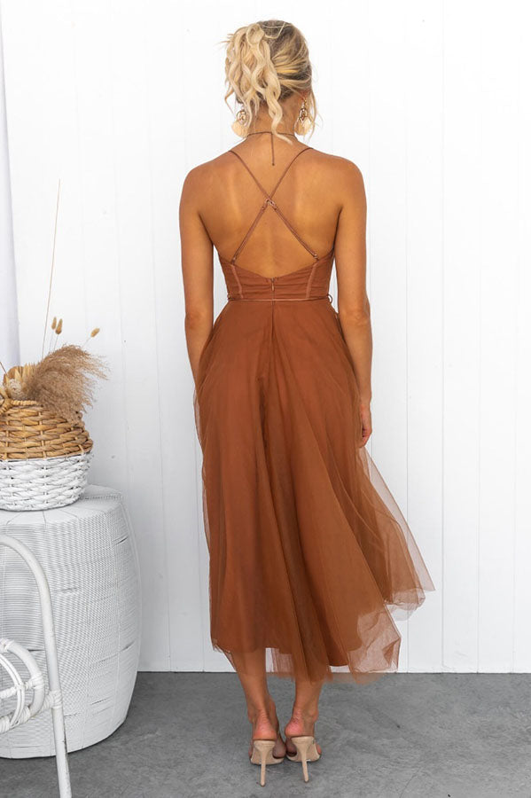 Beautiful women's occasion dress, a midi style with an elegant corset and layered tulle.