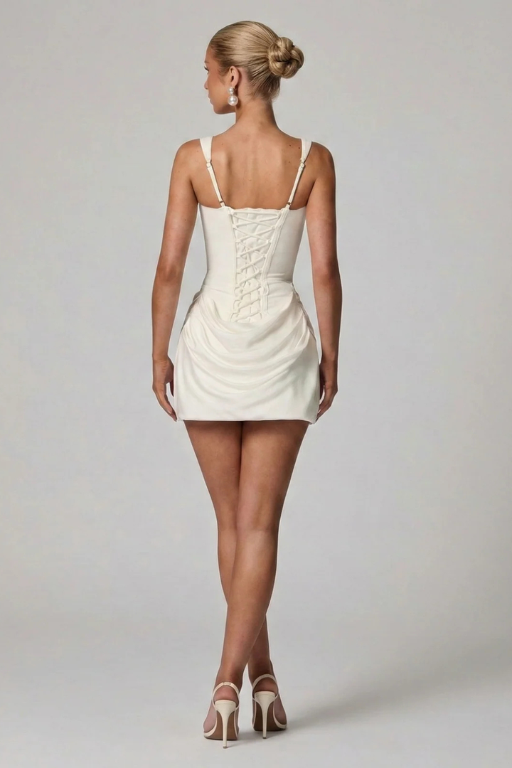 Women's square neck corset mini dress, elegant draped design. Formal wear, cocktail, special event.