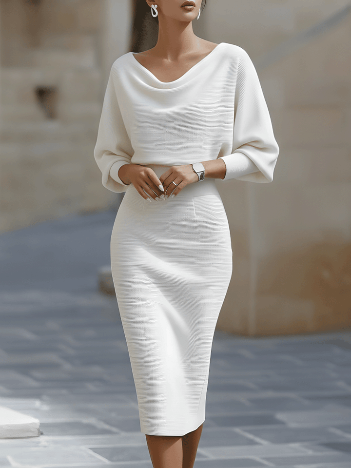 Elegant women's cowl-neck batwing midi dress, perfect for wedding guests & special occasions. Sophisticated party attire.