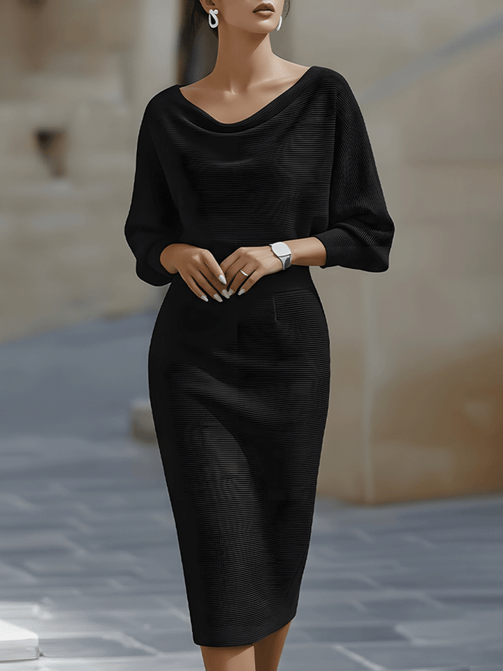 Sophisticated women's batwing sleeve midi dress with a chic cowl neck, ideal for wedding guests & evening parties.