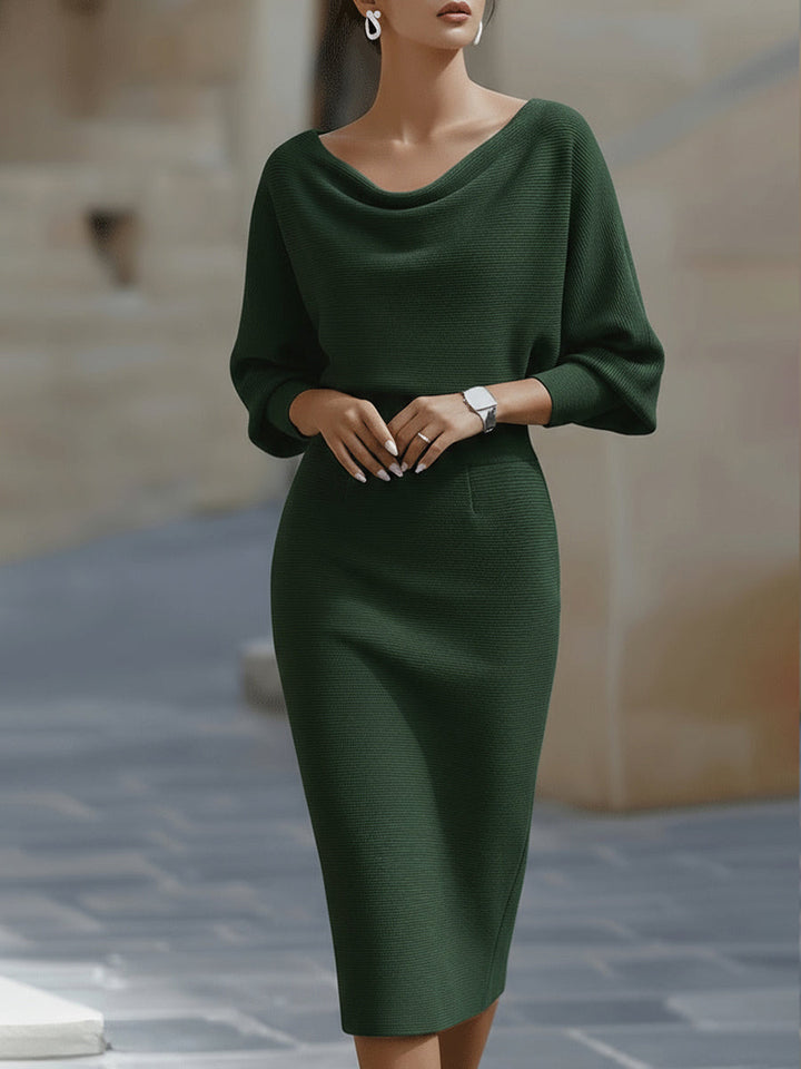 Stunning cowl-neck midi dress for women, featuring elegant batwing sleeves, perfect for weddings & formal events.