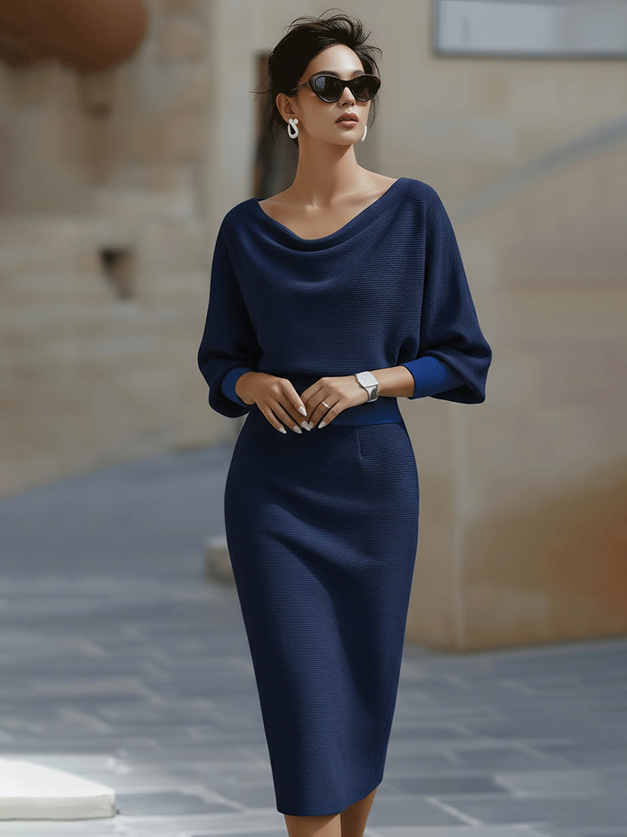 Chic women's elegant midi dress with a cowl neck & batwing sleeves, a sophisticated choice for wedding guest parties.